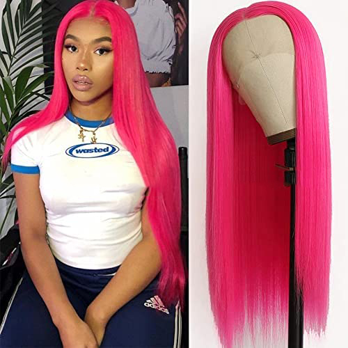 Stema Neon Pink Human Hair Full Lace Wig Silky Straight